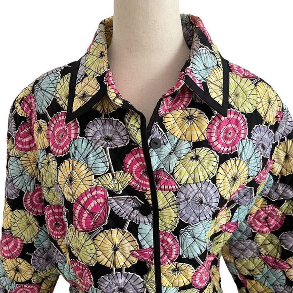 Vintage SilkLand Umbrella Print Silk Quilted Jacket w/ Clear Seed Beads XL - Picture 2 of 7